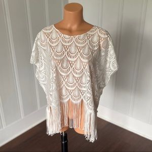 Boho Mesh Lace White Fringe Festival Top OS